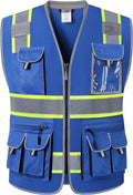 JKSafety 10 Pockets Hi-Vis Zipper Front Fluorescent Blue Safety Vest | Cushioned Collar | High Reflective Tapes with Extended Neon Yellow Strips | Meets ANSI/ISEA Standards (5X-Large, 89-Blue)