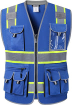 JKSafety 10 Pockets Hi-Vis Zipper Front Fluorescent Blue Safety Vest | Cushioned Collar | High Reflective Tapes with Extended Neon Yellow Strips | Meets ANSI/ISEA Standards (5X-Large, 89-Blue)