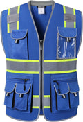 JKSafety 10 Pockets Hi-Vis Zipper Front Fluorescent Blue Safety Vest | Cushioned Collar | High Reflective Tapes with Extended Neon Yellow Strips | Meets ANSI/ISEA Standards (Medium, 89-Blue)
