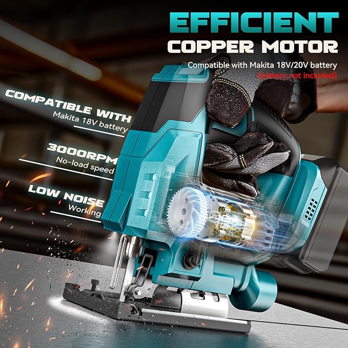 Jig Saw Compatible With Makita 18V Battery, Cordless Jigsaw Tool Brushless Motor With 6 Variable Speeds, 4 Orbital Sets, ±45° Bevel Cuts, LED Light and 6PCS Blades For Cutting (Without Battery)