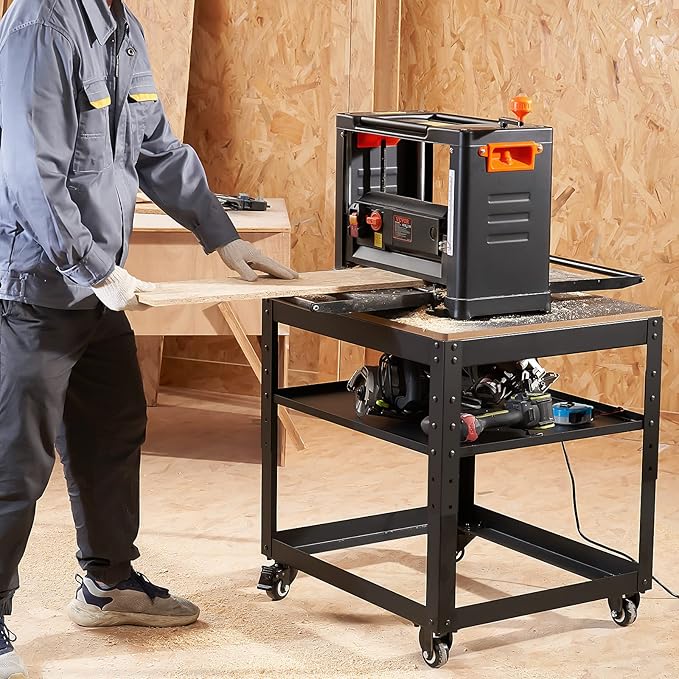 VEVOR Planer Stand, 100 lbs / 45 kg heavy loads, Three-Gear Height Adjustable Thickness Planer Table,with 4 Stable Casters & Storage Space, for most planers, saws, bench-top machines, power tools