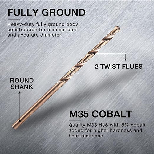 1/4 Inch Cobalt Drill Bits (10pcs), M35 High Speed Steel, 135 Degree Tip, Jobber Length Twist Drill Bit Set for Hard Metal, Stainless Steel, Cast Iron, Wood and Plastic, with Storage Case