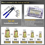 Pressure Rivet Nut Tool Kit, 430Pcs Metric Rivet Nut Combination (M8/M6/M5/M4/M3), Suitable for Furniture, Decoration, Automotive, Marine and Industrial Applications