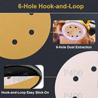 100 PCS 6 Inch 6 Hole Sanding Discs 400 Grit Hook and Loop Adhesive Round Sandpaper for Random Orbital Sander