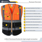 JKSafety 9 Pockets High Visibility Zipper Front Safety Vest With Reflective Strips,Meets ANSI/ISEA Standard (150-Orange-black, 3XL)