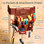 FESA Leather Electrician Tool Pouch - 13-in-1 Top Grain Leather Electrician Pouch w/Steel Hammer Loop, Tape Measure Clip, Tape T-Chain & 6 Pockets - Fits Belts up to 3" - Handcrafted