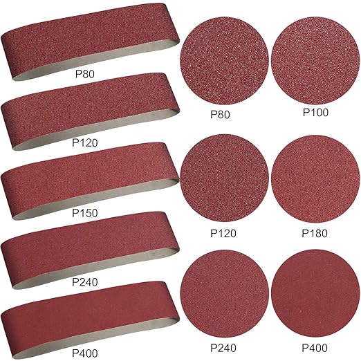Blulu 22 Pieces Sanding Belts and Sanding Discs Set Includes 4 x 36 Inch Belts (80/120/150/240/400 Grits) and 6 Inch Self Adhesive No Hole Alumina Disc for Bench Combination Sander Woodworking