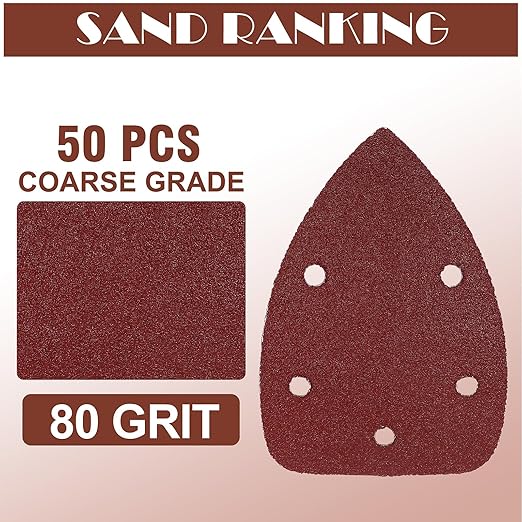 80 Grit Mouse Sander Sandpaper, Jamiikury 5 Hole Detail Sander Sandpaper Palm Sander Paper Mouse Sanding Pads Hook and Loop Sanding Sheets - Pack of 50