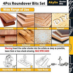 4Pcs Roundover Router Bits,Radius -3/16",1/4",5/16",3/8" Edge Forming Router Bit Set,1/4 Inch Shank,Corner Rounding Router Bits,for Round Trimming,with Ball Bearing Guide