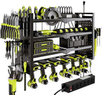 Power Tool Organizer Wall Mount with Charging Station 4 Layer 6 Slot Cordless Drill Holder with Angle Grinder Holder (Black)