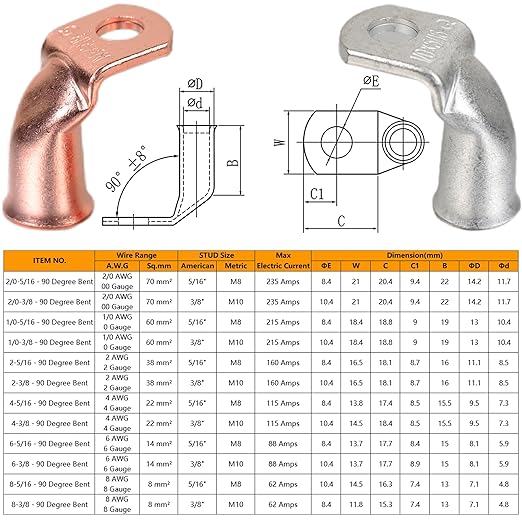 Tinned Copper Cable Lugs 10pcs 6 AWG-5/16 90 Degree Bent Battery Lugs,Heavy Duty Wire Lugs,Ring Terminal,6 Guage terminals,Battery Cable Ends/Terminal Connectors with 10pcs 3:1 Heat Shrink Tubing