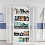 VINGLI Metal Garage Storage Cabinet with 2 Mesh Doors, Locking Steel Display Cabinet with Pegboards and 4 Adjustable Shelves, Ideal for Garage, Office, Pantry, Workshop(Gray, 32''W x 16''D x 71''H)