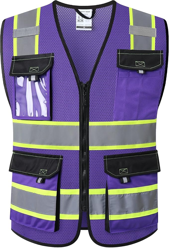 JKSafety Hi Vis Reflective Safety Vests for Men Women High Visibility Vest with Pockets Mesh Fabric Construction Safety Apparel Neon Vest for Work (220-PurpleB 3XL)