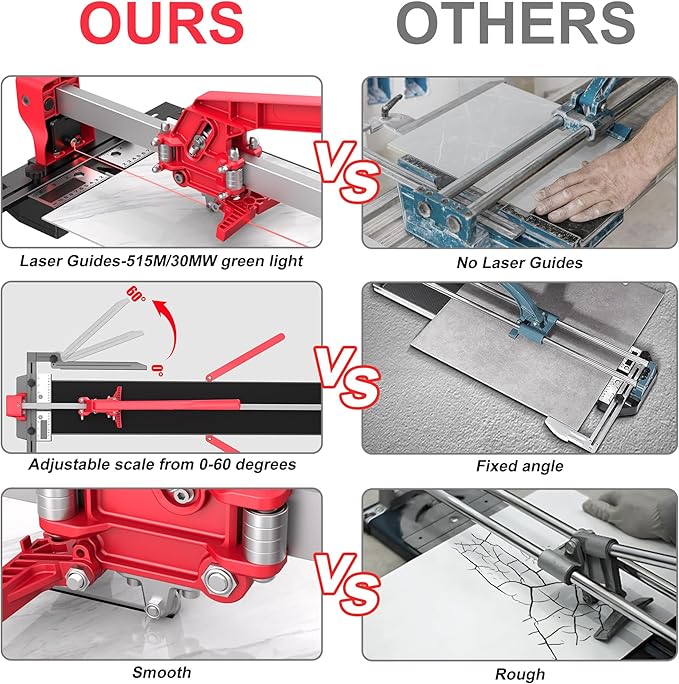 SHIJING 24-inch Manual Tile Cutter with Laser Cutting Guide Porcelain Tile Cutter with Split Platen,Double Aluminum Base,Tungsten Carbide Cutting Wheel