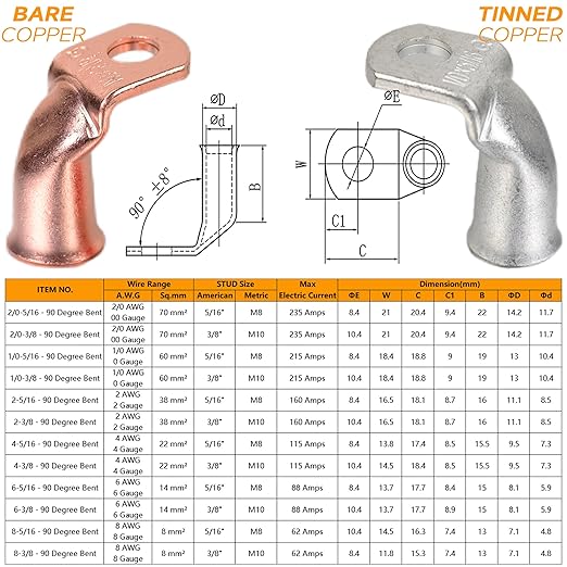 Tinned Copper Cable Lugs 8pcs 4/0 AWG-3/8 90 Degree Bent Battery Lugs,Heavy Duty Wire Lugs,Ring Terminal,4/0 Guage terminals,Battery Cable Ends/Terminal Connectors with 8pcs 3:1 Heat Shrink Tubing