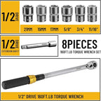 1/2-Inch Drive Click Torque Wrench Set, 10-160 FT-LB/13.6-217Nm Torque Wrench 1/2 Drive, 1/2 Torque Wrench Kit with Extension Bar & Socket Set- 8 PCS