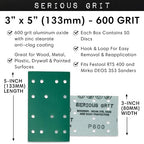 3" x 5" (80mm x 133mm) 14-Hole 600 Grit Sanding Sheets - Fits Festool RTS 400 & Mirka Deos 353 - Heavy-Duty Hook & Loop Film Abrasives - Sandpaper for Sheet Sanders - 50 Pack Box