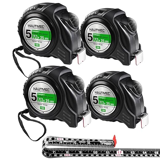 HAUTMEC Tape Measure 5m/16ft Auto-Lock with Dual Metric & Imperial Scale, Easy to Read Nylon Coated Measuring Tape for Construction, Carpentry, Contractors, Engineers, DIY, HT0100-4PC
