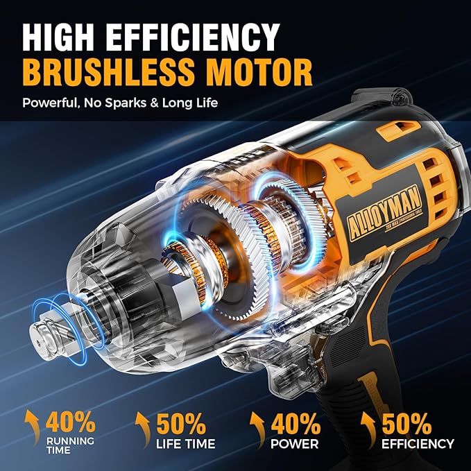 Alloyman 1/2 inch Cordless Impact Wrench, (750 N.m) 555 Ft-lbs Hight Torque Electric Impact Gun,20V Power Impact Driver, Brushless Motor 2000 RPM, 6 Sockets,3 Extension Bars, 4.0AH Li-ion Battery