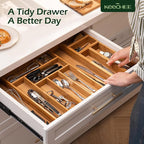 Carbonized Bamboo Kitchen Drawer Organizer, 8-10 Slots Expandable Silverware Organizer, Utensil Holder & Cutlery Tray, 2.2" Deep for Extra Capacity, Non-Slip Feet Included