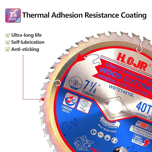 10-Pack 7-1/4" 40-Tooth 5/8" Arbor Circular Saw Blade, Framing/General Purpose Wood Cutting,Special Anti-Thermal Adhesion Coating on Cutting Edge-TA,High Finish, Long Life, 7-1/4" 40T 5/8"