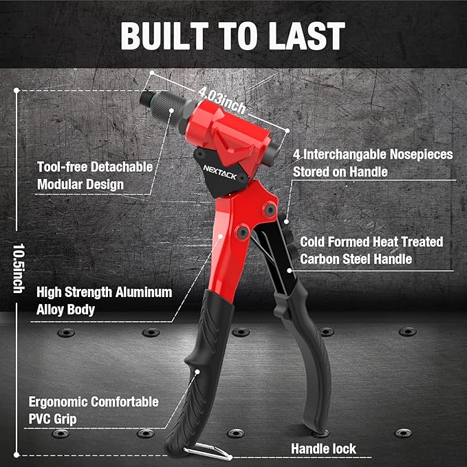 Rivet Gun Kit, Heavy Duty Pop Rivet Gun with 360 Degree swivel Head for Tight Space, 4 HSS Drill Bits, 200 Assorted Rivets & 4 Nosepieces in Organized Rugged Carrying Case NT200