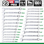 SK Combination Wrench Set, SAE 5/16" to 3/4", Metric 8 to 19mm, 23-Piece, SuperKrome Finish, Premium CR-V Construction, with Rolling Pouch