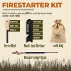 Fire Starter Survival Tool–Ferro Rod Fire Starter with 11" Waterproof Tinder Wick Rope, Multi-Tool Striker and Extra Jute Bag - All-in-One Flint and Steel Fire Starter Kit.