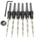 FTG USA 6 Pc #10 (3/16") Countersink Drill Bit Set with Depth Stop Collar, Hex Wrench - Tapered Drill Bits for Wood