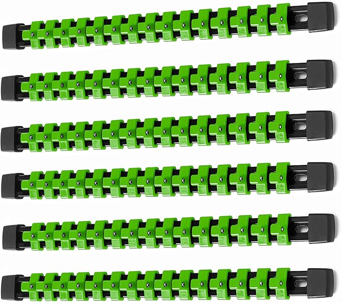 ALOANES 6PC ABS Socket Organizer, 3/8in, Heavy Duty Socket Racks, Black Rails with Green Clips