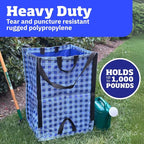 DURASACK Heavy Duty Home and Yard Bags 48-Gallon Reusable Self-Standing Lawn and Leaf Bags Garbage Can with Reinforced Handles, Gingham Blue, 3 Pack
