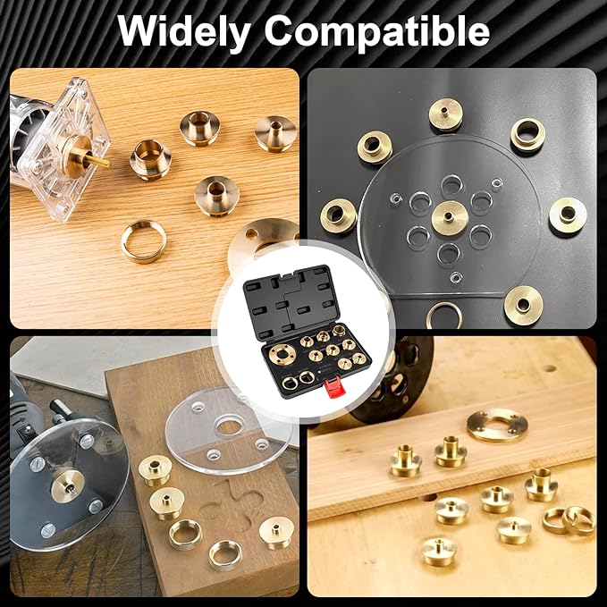 11Pcs Brass Router Bushing Guide Set, Router Template Guide with Lock Nut Adapter, Compatible with Porter Cable Style Router Sub-Bases, for Dovetailing, Cut Out Work & Woodworking Router Accessories