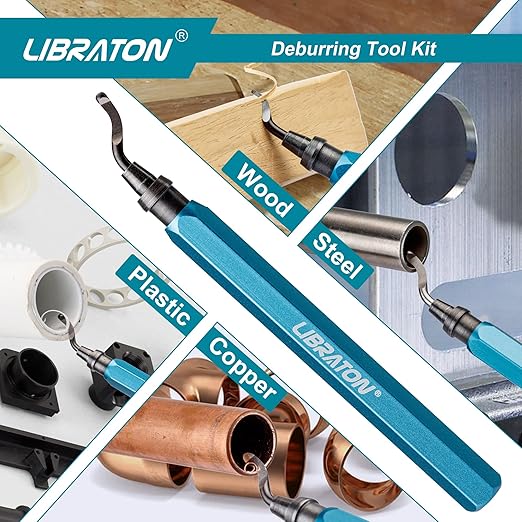 Libraton Deburring Tool with 11 High Speed Steel Blades (BS1010), 360 Degree Rotary Head Deburring Tool for Metal, Resin, Aluminum, Copper, Plastic, 3D Printing, Wood