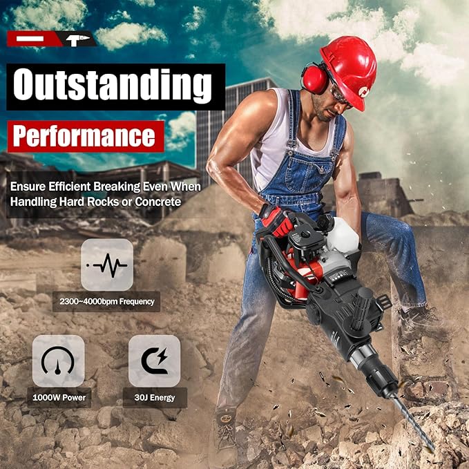 33CC Gasoline Demolition Hammer 36*32mm 2-stroke Gas Powered Jack Hammer Drill Concrete Breaker with Point Flat Chisel for Concrete Bricks Rocks Single Cylinder Air Cooling