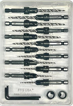 FTG USA Countersink Drill Bit Set for Wood with Tapered Drill Bit - #4 (7/64"), #6 (9/64"), #8 (11/64"), #10 (3/16")
