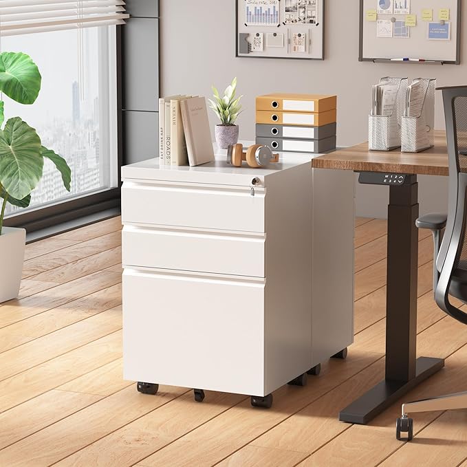 Superday 3 Drawer Mobile Locking File Cabinet, Metal Rolling Vertical File Cabinet with Drawers, Small Under Desk Lateral Cabinets for Office and Home, Fully Assembled Except