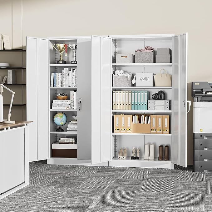 Greenvelly Metal Garage Storage Cabinet with 2 Doors & Adjustable Shelves, 72" Lockable Steel Tool Cabinet - White - (36" W x 18" D)