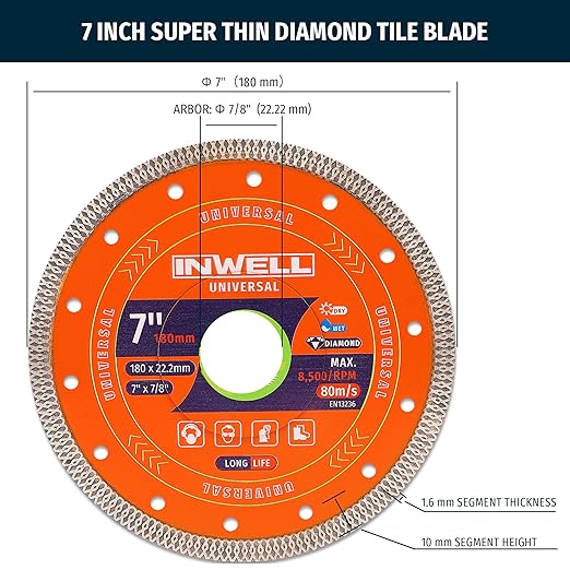 7 Inch Diamond Saw Blade, Mesh Turbo Cutting Wheel for Tile, Porcelain, Ceramic, Granite, Marble - 10mm Segment, Super Thin 1.6mm, 7/8" Arbor with Flange - Dry or Wet Cutting
