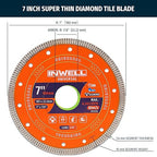 7 Inch Diamond Saw Blade, Mesh Turbo Cutting Wheel for Tile, Porcelain, Ceramic, Granite, Marble - 10mm Segment, Super Thin 1.6mm, 7/8" Arbor with Flange - Dry or Wet Cutting