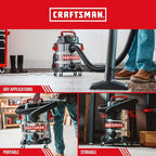 Craftsman CMXEVBE17155 10 Gallon 6.0 Peak HP Stainless Steel Wet Dry Vac, Portable Shop Vacuum Wet and Dry with Filter, Muffler/Diffuser, Hose and Attachments for Home and Garage Use