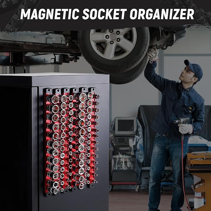 ALOANES Magnetic Socket Organizer, 3/8-Inch Drive Aluminum Socket Holder Socket Tray, Heavy Duty Socket Rail Organizer for Tool Box Drawer, 360°Swivel Clips Socket Rack 3/8-Inch x 14 Clips (Red)