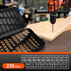 COMOWARE 230 Pcs Drill Bit Set for Wood & Metal - Titanium Wood Drill Bits, High Speed Steel Drill Bit Kit Titanium Coated for Wood, Metal, Plastic, Aluminum Alloy with Storage Case, 3/64"-1/2"