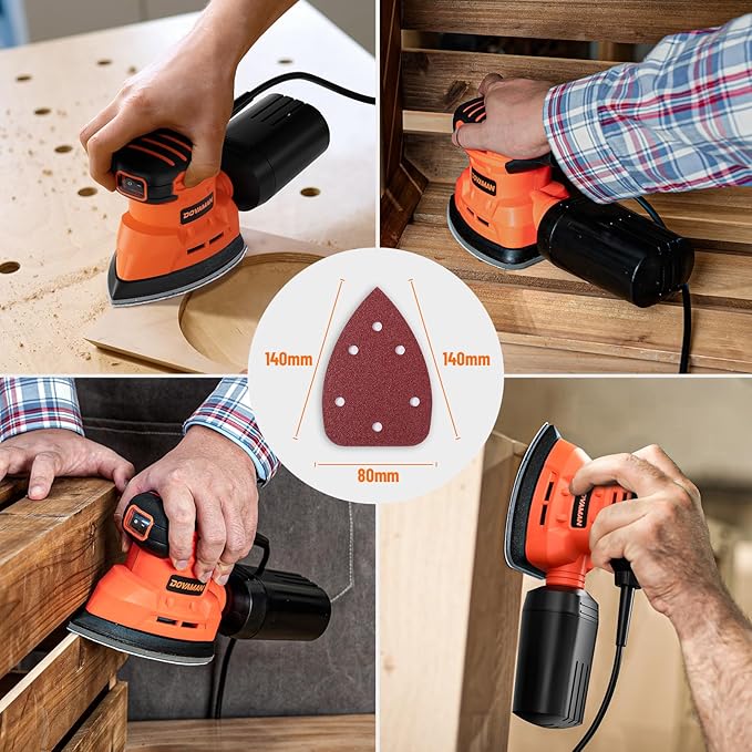 DLS03A Detail Sander, 130W Palm Sander Tool, Dust Collection System, 12PCS Sandpaper, 12000RPM Compact Hand Sander for Wood Steel Surfaces