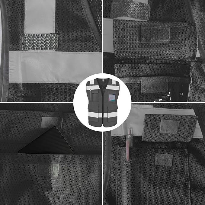 TCCFCCT Mesh High Visibility Vest 5 Pockets Reflective Safety Work Vest for Men Women, Hi Vis Construction Vest with Horizontal Strip for Walkie-talkie, Meets ANSI/ISEA Standards, Grey, L