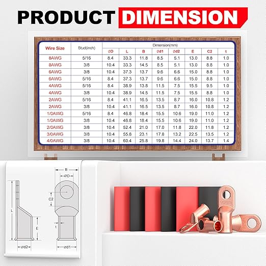 AIRIC 10 PCS UL Listed 1/0 AWG - 3/8" Battery Cable Lugs, Heat Shrink Ring Terminals End, Copper Cable Ends, Wiring Connector Terminal, Electrical Crimp Connectors, Wire Lug for 1/0 Gauge Wires