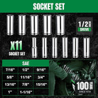 SK 1/2" Drive Socket Set, Deep SAE Sockets, 11-Piece 7/16" to 1-1/16", SuperKrome Finish, Premium CR-V Construction, with Aluminum Socket Organizer