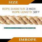 2 Inch x 50 Ft Natural Jute Rope, IMROPE Twisted Jute Rope 4 Strands for Arts Crafts, Swing, Garden, Home Decorating, Hammock, Tug of War