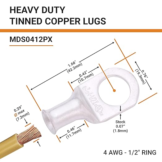 SELTERM 10pcs 4 AWG-1/2 Stud Tinned Copper Wire Lugs, Heavy Duty Battery Cable Ends,4 Guage Ring Terminals, UL Battery Lugs Marine Grade Copper Eyelets Electrical Battery Terminal Connectors
