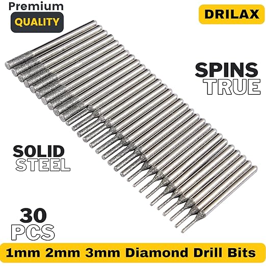 Drilax Diamond Drill Bits for Stone – 30-Piece Set (1mm, 2mm, 3mm) for Glass, Gemstones & Jewelry – 1/8-Inch Shank Compatible with Dremel Rotary Tools – Jewelry Making Supplies & Lapidary Kit