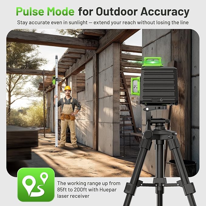 Huepar Laser Level 360 Self Leveling, 3 x 360° High Brightness Cross Line Laser for Construction and Picture Hanging, 12 Green Laser Level Tool with 5200 mAh Rechargeable Battery & Hard Carry Case